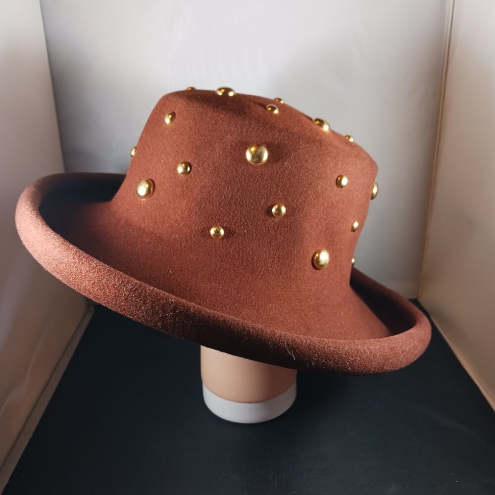 Vintage 100% Wool Gold Studs Women's Brown Felt Hat - Picture 7 of 8